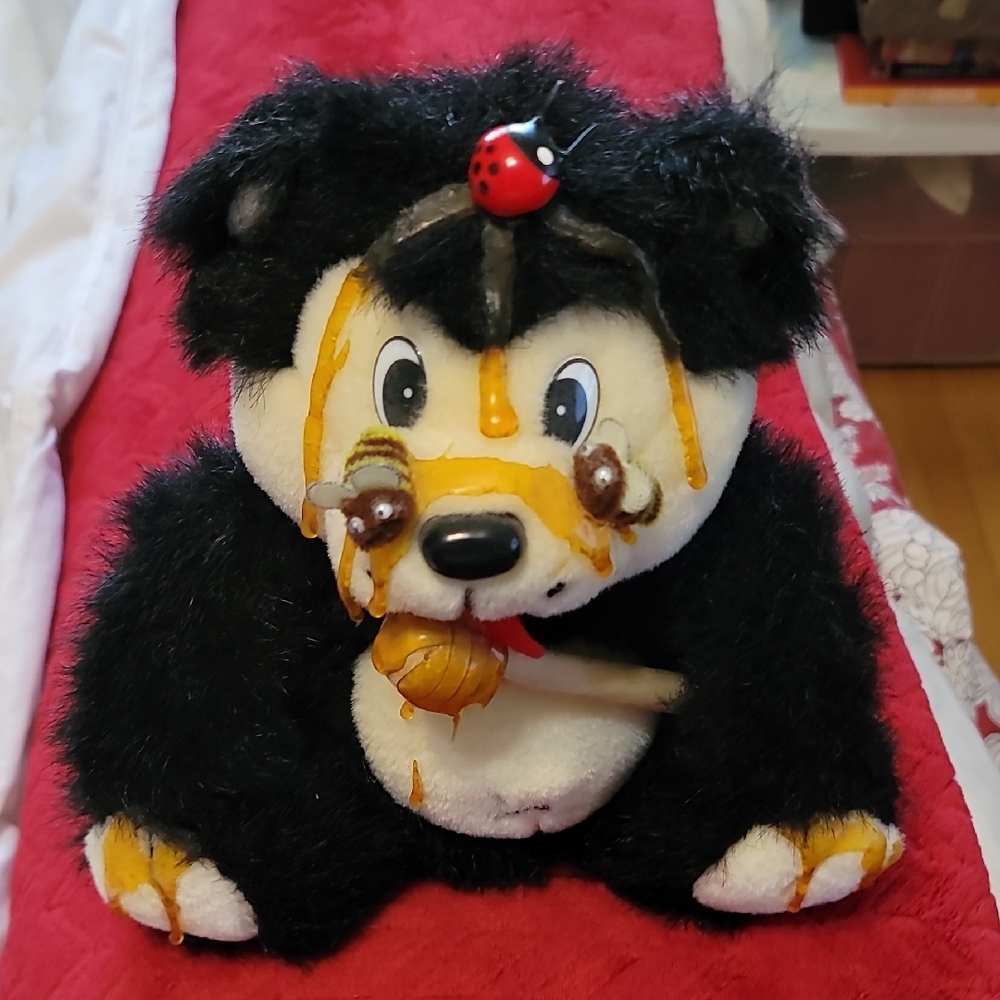 Plush Bear Eating Honey With Honey Drips, Bees and Ladybug Design